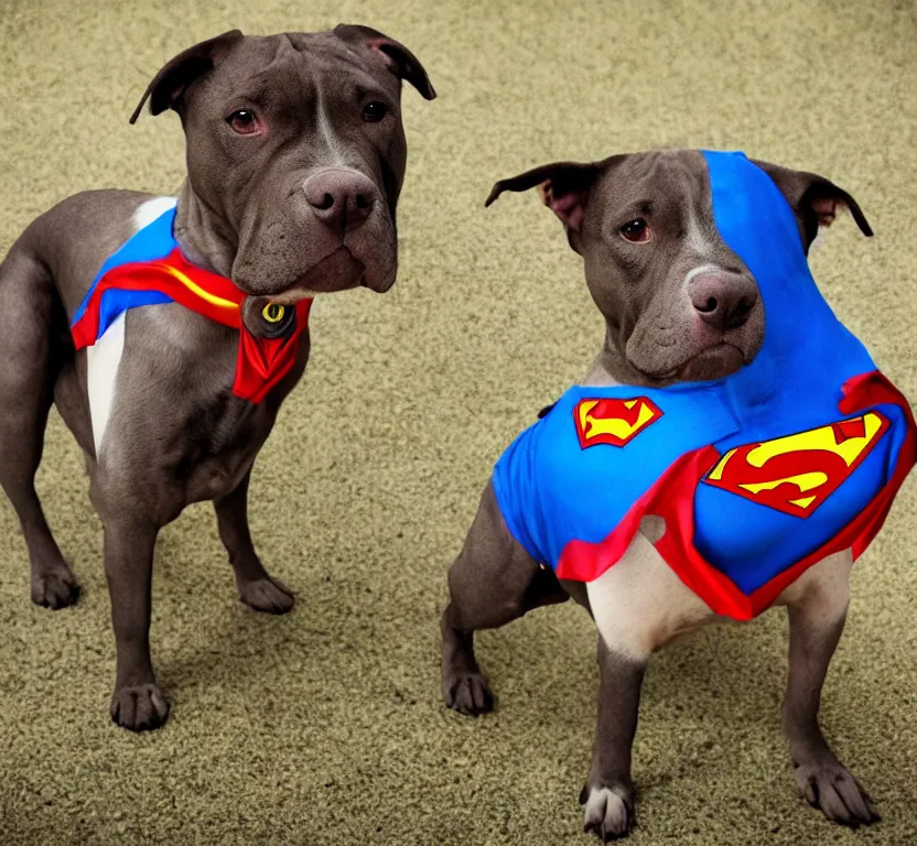 Image similar to pitbull dog wearing superman suit, hyperrealistic, 8 k resolution, well designed