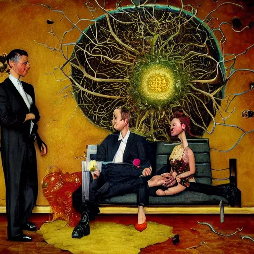 Image similar to two lovers wearing a suit made of nervous system, seated in a sofa, channeling third eye energy, surrounded by a background of dark cyber mystic garden of earthly delights, midnight hour, painted part by wojciech siudmak, part by ilya repin, part by norman rockwell, part by hype williams, artstation