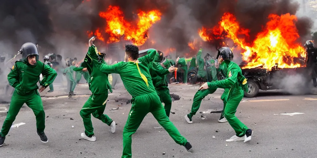 Image similar to photo of young men wearing green tracksuits fighting cops in a riot with burning cars, mid shot, editorial photography