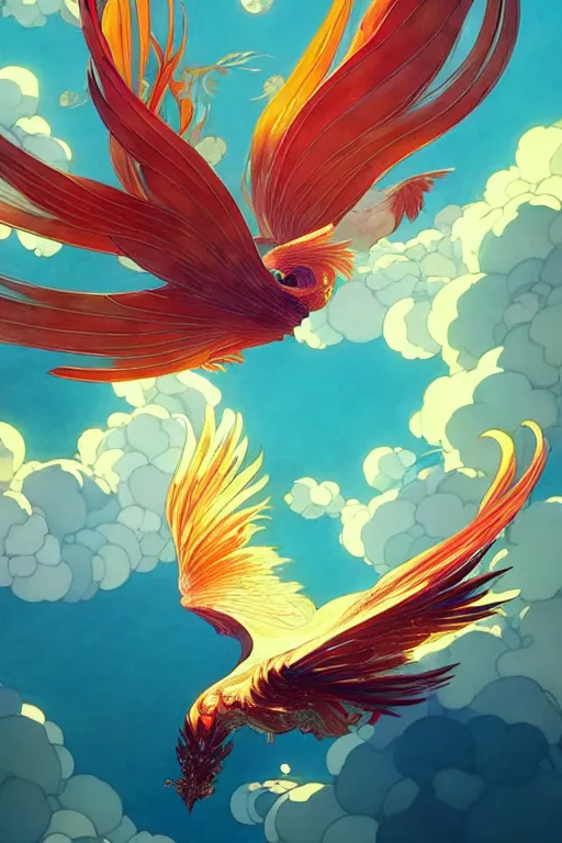 Image similar to victo ngai and lfons mucha painting of a phoenix in the sky, chinese style ， makoto shinkai ， final fantasy, unreal engine 5 highly rendered, global illumination, radiant light, detailed and intricate environment