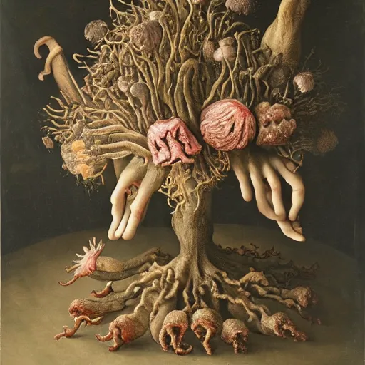 Image similar to disgusting disturbing dutch golden age bizarre mutant flower floral still life with many human toes very detailed fungus disturbing tendrils bizarre slimy forms sprouting up everywhere by rachel ruysch black background chiaroscuro dramatic lighting perfect composition high definition 8 k 1 0 8 0 p