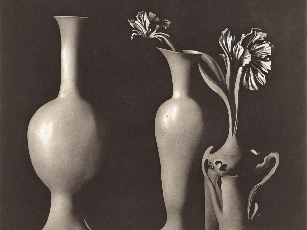 Image similar to flaming gothic vase, pot, jug in the shape of a iris flower. karl blossfeldt, salvador dali