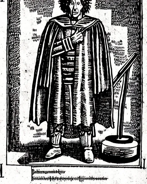 Image similar to b & w woodcut of tom baker's doctor who from the nuremberg chronicle, 1 4 9 3, restored, hq scan