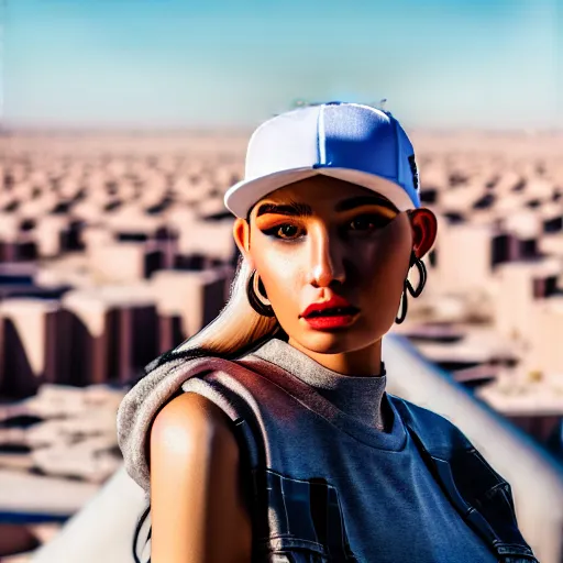 Image similar to photographic portrait of a streetwear woman, closeup, on the rooftop of a futuristic city overlooking a desert oasis, sigma 85mm f/1.4, 4k, depth of field, high resolution, 4k, 8k, hd, full color