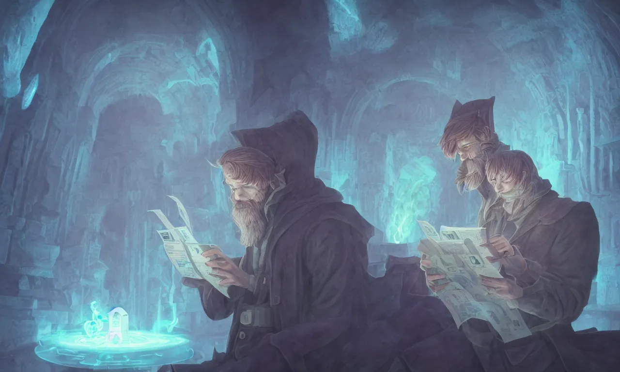 Image similar to kerberos realm, faked ticket close up, wizard reading a directory, nordic pastel colors, abandoned ruins, 3 d art, digital illustration, perfect lighting