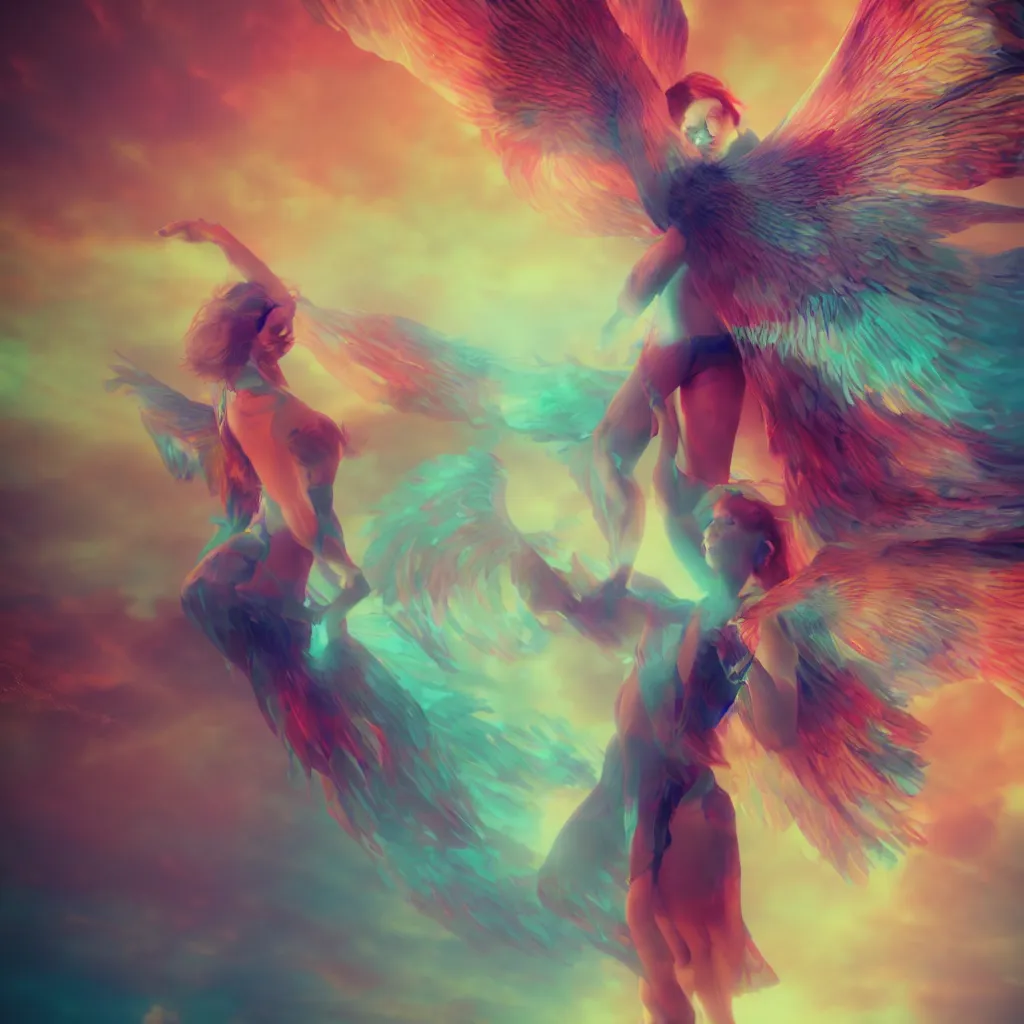 Prompt: woman with wings, concept art, digital art, octane render, xray melting colors