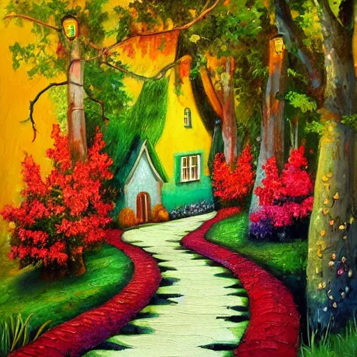 Prompt: fairytale house, amazing colors, path leading to the house, oil painting, trending,