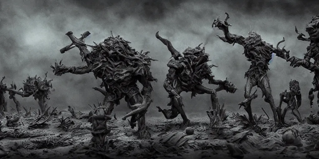 Image similar to the war between worlds extremely detailed claymation art, dark, moody, foggy