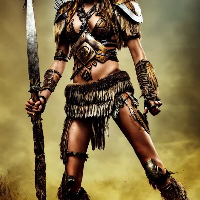 Image similar to professional full length photograph of cara delevingne as an amazon warrior. Extremely detailed. 8k