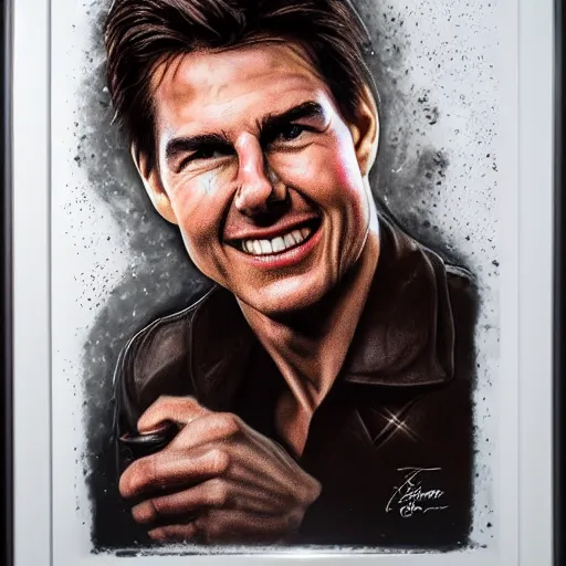 Image similar to tom cruise portrait recreated with coffee beans on a white surface, 8K, detailed, product photo