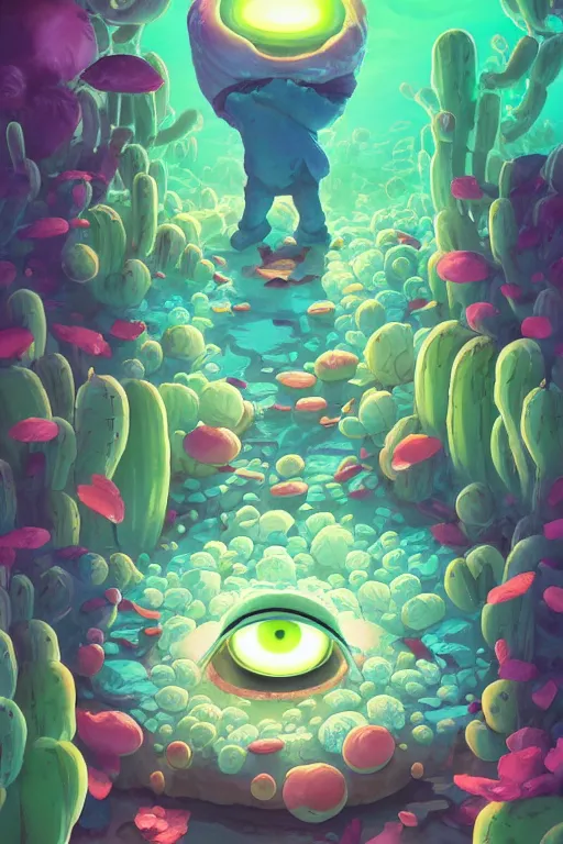 Image similar to roots cactus sushi cristal smurf ghost creature animal sushi cristal very big eye roots cactus elemental flush of force nature micro world fluo fishscale, behance hd by jesper ejsing, by rhads, makoto shinkai and lois van baarle, ilya kuvshinov, rossdraws radiating a glowing aura global illumination ray tracing hdr