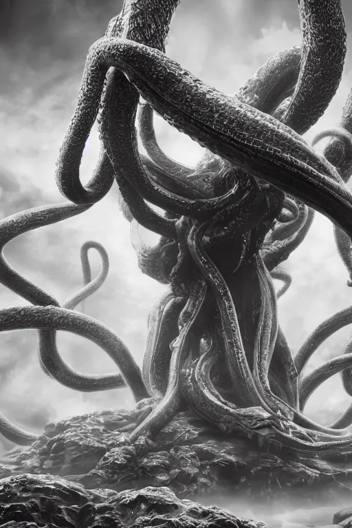 Image similar to giant ancient alien tentacles artwork by yoshitaka amano, black and white, detailed background, extremely detailed, octane rendering, sharp focus, volumetric light, particles, unreal engine 5, rtx