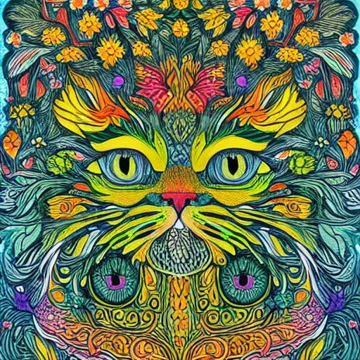 Prompt: colourful green man cat by louis wain and william morris, 8 k, artstation