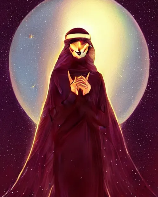 Image similar to Portrait of very very very very very very beautiful Arab woman wearing a Niqab, glowing magical eyes, energy trails, under giant full moon in the desert, intricate, elegant, highly detailed, digital painting, artstation, concept art, smooth, sharp focus, illustration, art by artgerm and greg rutkowski and alphonse mucha