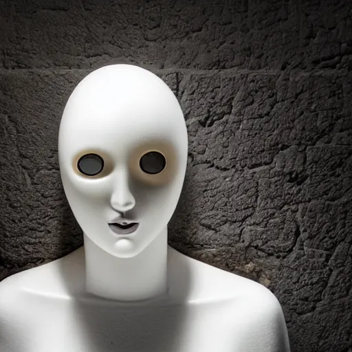 Prompt: A lightly-tanned!!!!! mannequin-esque figure with white-glowing!!!!! eyes, in a pitch black room, staring!!!!! into the camera, black!!!!! background, creepy atmosphere, eerie art style, photorealistic!!!!! facial features, close-up!!!!!, macro image!!!!!, trending on artstation, 4k, 8k