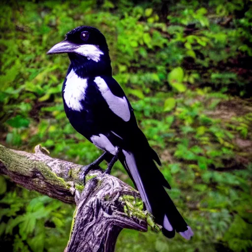 Prompt: Magpie resting on a tree branch, synthwave , medium shot.