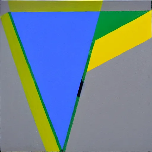 Image similar to painting, rectangle and triangle shapes, in blue, in yellow, in green, divided by black lines