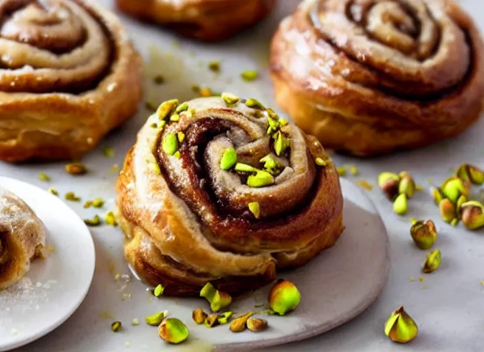 Prompt: cinnamon buns stuffed with honey and pistachio like baklava