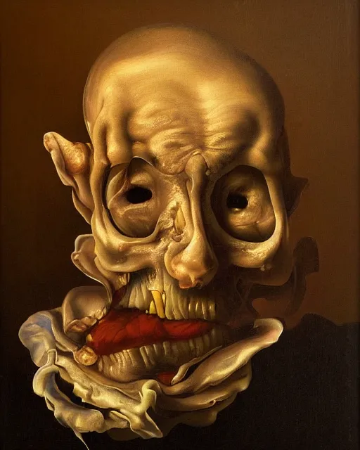 Prompt: refined gorgeous blended oil painting with black background by christian rex van minnen rachel ruysch dali todd schorr of a chiaroscuro portrait of an extremely bizarre disturbing man with shiny skin chrome surfaces dutch golden age vanitas intense chiaroscuro cast shadows obscuring features dramatic lighting perfect composition masterpiece