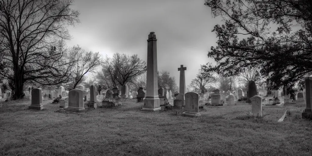 Image similar to a gateway to hell in a Kansas cemetery, gloomy, volumetric lighting