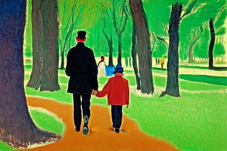 Prompt: a very tall man named John with dark hair holding the hands of a short young boy named Alex with dark hair as they walk in a park on a bright beautiful colorful winter day. part in the style of an edgar degas painting. part in the style of david hockney