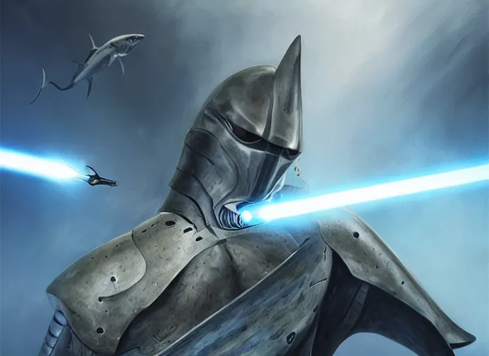 Image similar to beautiful oil matte portrait painting, thresher shark in knight armor, blue shark, holding a lightsaber, fantasy, wonderful masterpiece highly detailed, scifi, beautiful cinematic light deep focus, elegant, digital painting, smooth, sharp focus, golden ratio, dramatic illumination, ultra realistic, 8 k, art by jimmy law