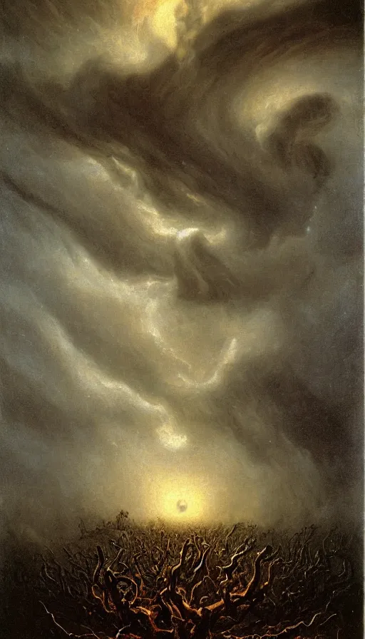 Image similar to a storm vortex made of many demonic eyes and teeth, by albert bierstadt,