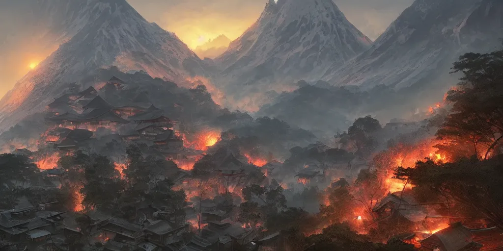 Prompt: a powerful japanese village high in mountains destroyed by mystic power, fanart artstation global illumination rtx hdr fanart arstation 3 d, volcano, evil smog, concept art by greg rutkowski and laurie greasley, fantastic landscape, 8 k, cinematic color grading