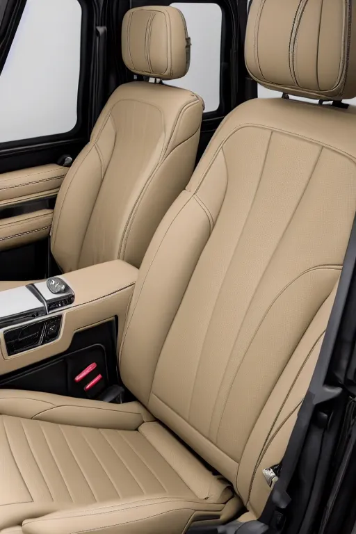 Image similar to Interior photo of a 2018 Mercedes-Benz G63, beige leather, highly detailed, natural light.