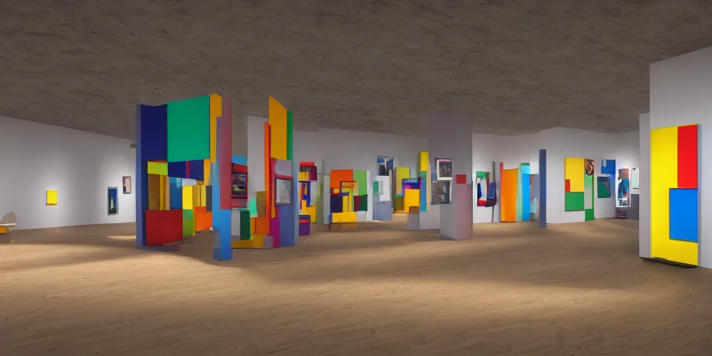 Prompt: a high colourful coloured 3 d octane model of a brutalism art gallery with wooden floor in walnut, highly detailed