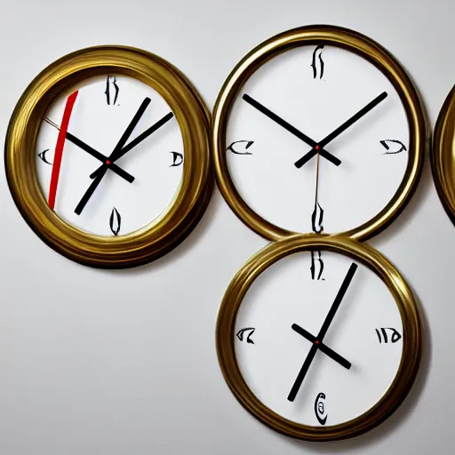 Prompt: composition of four bent futuristic clocks with gold frames in white background