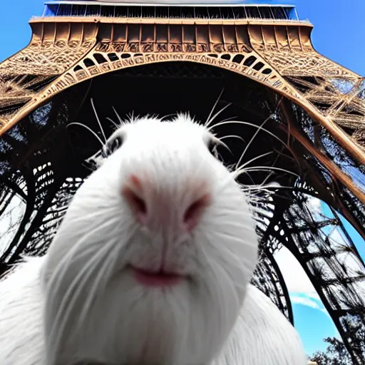 Image similar to a guinea pig taking a selfie in front of the eiffel tower, photorealistic