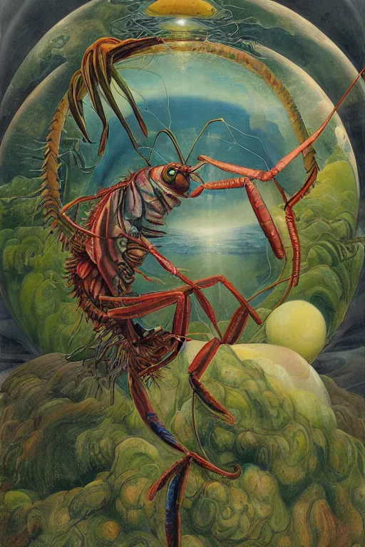 Prompt: an airbrush painting of a mantis shrimp holding the planet earth in its tendrils by destiny womack, gregoire boonzaier, harrison fisher, richard dadd