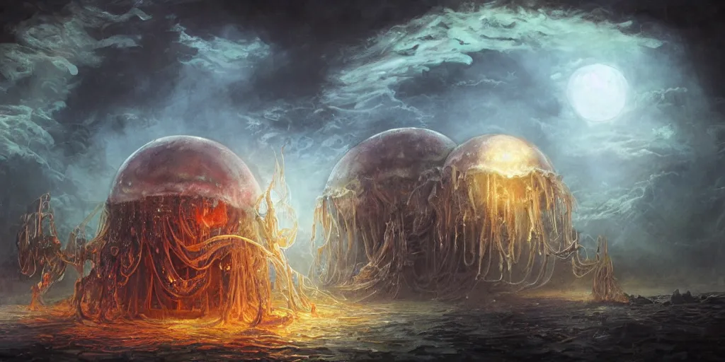 Image similar to concept art of giant translucent glowing jellyfishes, renaissance, divers helmet, lots of teeth, melting horror, round moon, rich clouds, fighting the horrors of the unknown, mirrors, very detailed, volumetric light, mist, grim, fine art, decaying, textured oil over canvas, epic fantasy art, very colorful, ornate, anato finnstark