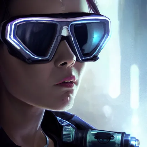 Prompt: a expressive portrait photograph of cyberpunk woman with nightvision goggles in dramatic lighting, depth of field background, artstation, concept art by jim burns and greg rutkowski, a realism masterpiece, james gilleard, bruegel, alphonse mucha, and yoshitaka amano