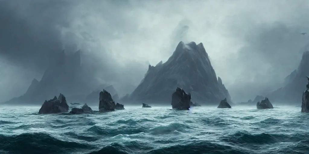 Prompt: screenshot from a movie, epic matte painting of a misty greenland island on choppy seas, cinematic cinematography masterpiece, skull, greg rutkowski, and ivan aivazovski, roger deakins