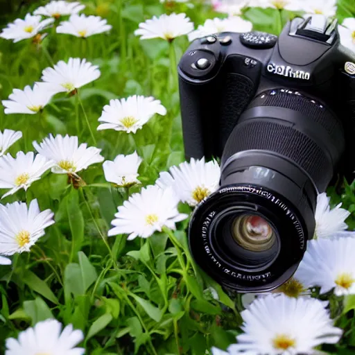 Prompt: dslr camera constructed from flowers