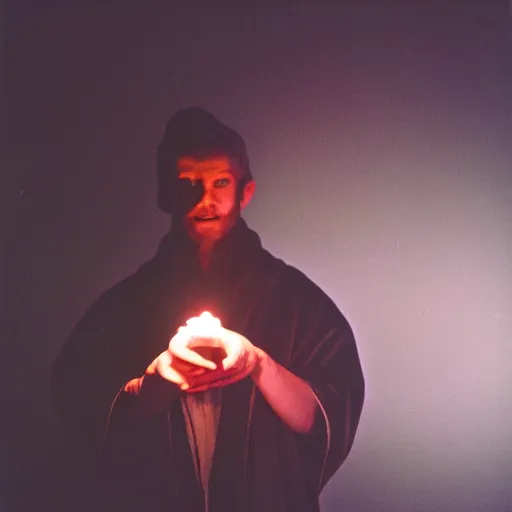 Image similar to portrait of an evil sorcerer performing a malevolent incantation, ominous dramatic low light, gritty high contrast, kodak portra 8 0 0, f 1. 8 8 5 mm zeiss lens