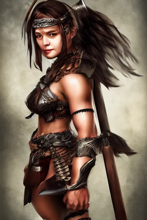 Prompt: portrait of a barbarian female, ultra sharp, very detailed, high quality focus by popularity choi