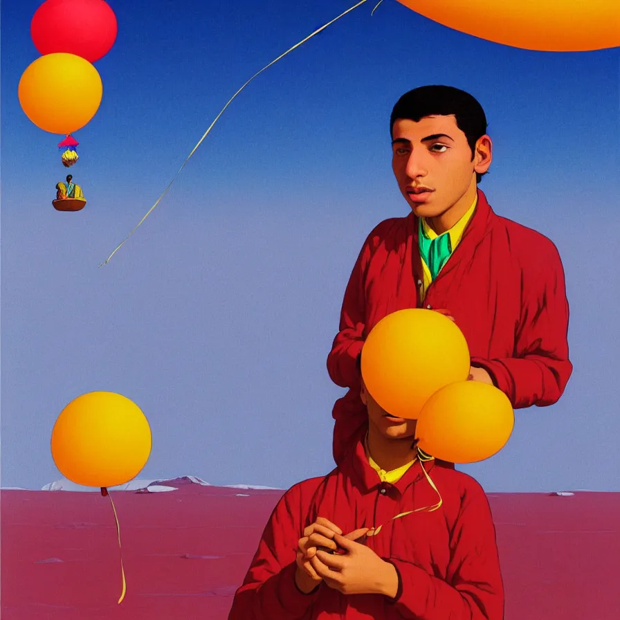 Prompt: a balloon portrait of a young morrocan man holding a colorful blotter paper of lsd acid and dreaming psychedelic hallucinations in the vast icy landscape of antarctica, by soul bass, kawase hasui, moebius and edward hopper, colorful flat surreal design, xray hd, 8 k, artstation