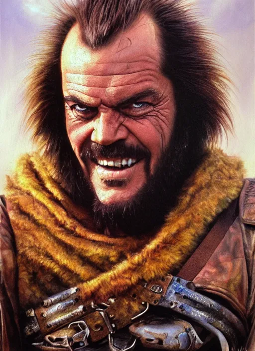 Prompt: portrait of young 1 9 7 0 s jack nicholson as warlord villain character in mad max 2 : the road warrior, film still, detailed realism face in painting, detailed beautiful portrait, oil painting masterpiece, 8 k resolution, smooth, sharp focus, trending on artstation, by rembrandt