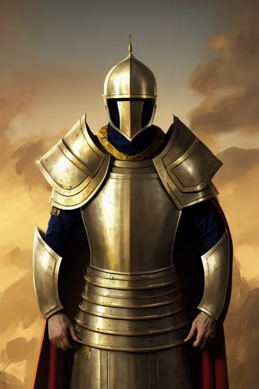 Prompt: white man looking forward in iron decorated plate armor with golden cross on chest, cylindrical crusader great helm covering all his head and white silk cape covering his back and elbows standing at the gates of jerusalem drawn by greg rutkowski realistic high detail