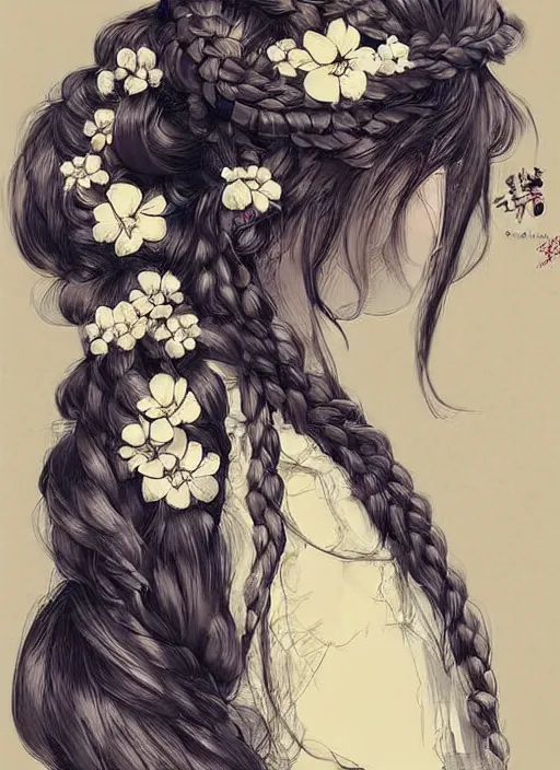 Prompt: beautiful long hairstyle with flowers and braids, pinterest hair picture, back of the hair, long In style of Yoji Shinkawa and Hyung-tae Kim, concept art, highly detailed