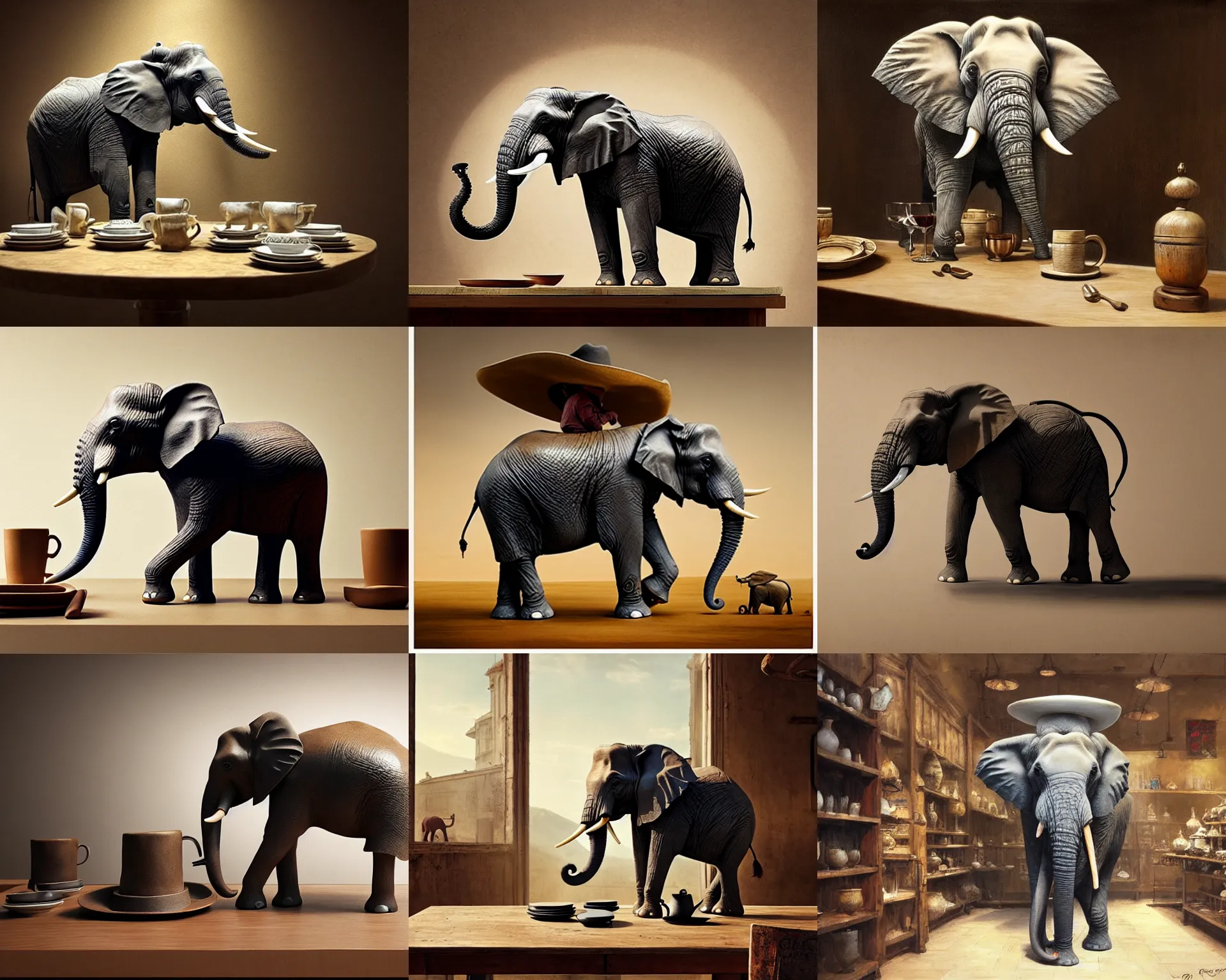 Prompt: An elephant wearing cowboy hat, in tableware shop. By Greg Rutkowski, trending on ArtStattion