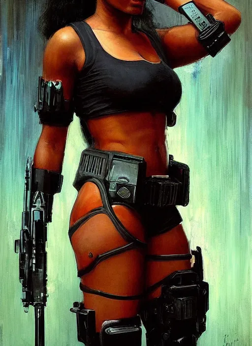 Prompt: Juliana Igwe. Buff Cyberpunk policewoman with robotic stilt legs. (Cyberpunk 2077, bladerunner 2049). gorgeous face. Patrolling at night. Iranian orientalist portrait by john william waterhouse and Edwin Longsden Long and Theodore Ralli and Nasreddine Dinet, oil on canvas. Cinematic, vivid colors, hyper realism, realistic proportions, dramatic lighting, high detail 4k