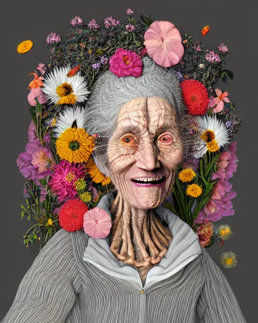 Image similar to a portrait of a fleshy old woman with a sweet smile, covered in flowers in the style of guiseppe arcimboldo and james jean, covered in wispy gray hair with a hint of neon, hd 3 d, highly detailed and intricate. centred in image.