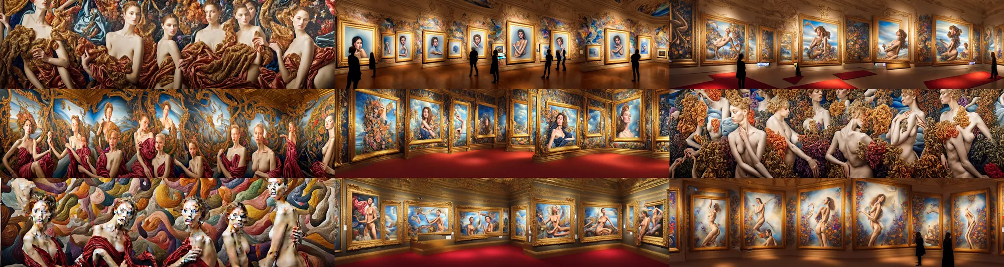 Prompt: a luxurious, triumphant, and ultradetailed mural, depicting a gallery exhibition of a hundred unique framed hyperrealist portraits of something more beautiful than the most beautiful image ever, unimaginably luxurious abstract forms made of silk and comfort and artisinal delight