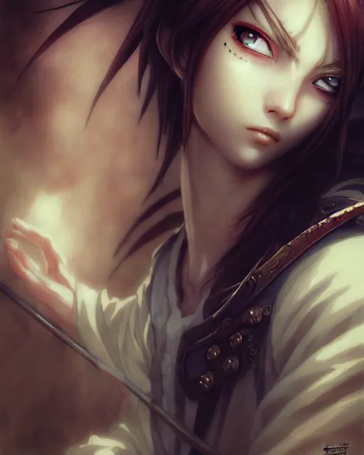 Image similar to portrait Anime Pirate Elf Soft fine face, pretty face, realistic shaded Perfect face, fine details. Anime. Antique Renaissance realistic shaded lighting by katsuhiro otomo ghost-in-the-shell, magali villeneuve, artgerm, rutkowski Jeremy Lipkin and Giuseppe Dangelico Pino and Michael Garmash and Rob Rey