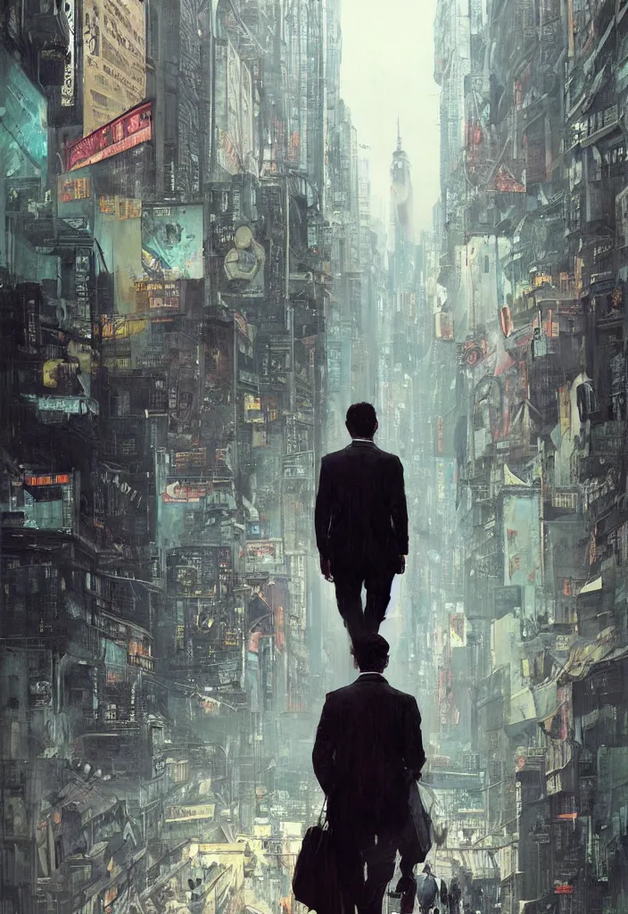 Image similar to a highly detailed epic cinematic concept art CG render digital painting artwork: Hypebeast salaryman walks the streets of solarpunk New York. By Greg Rutkowski, in the style of Francis Bacon and Syd Mead and Norman Rockwell and Edward Hopper, open ceiling, highly detailed, painted by Francis Bacon and Edward Hopper, painted by James Gilleard, surrealism, airbrush, Ilya Kuvshinov, WLOP, Stanley Artgerm, very coherent, triadic color scheme, art by Takato Yamamoto and James Jean