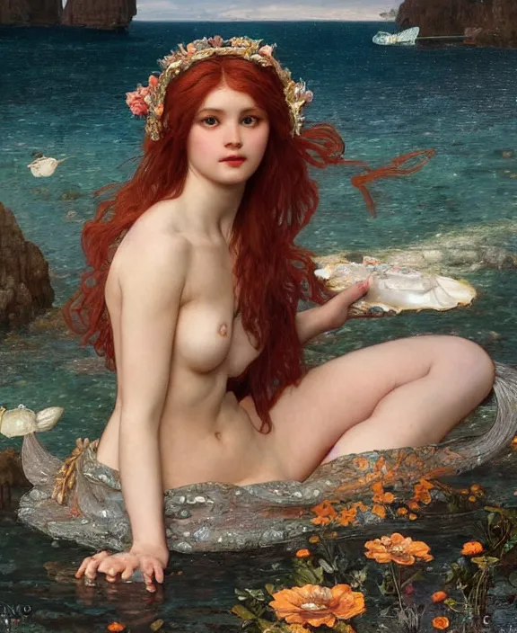 Image similar to a detailed hyperrealistic renaissance mermaid wearing an a intricate beautiful thick leather garters set, honey birdette, realistic renaissance portrait, highly detailed, digital painting, artstation, concept art, smooth, sharp focus, cinematic lighting, art by artgerm and wlop and alphonse mucha and john william godward, john william waterhouse